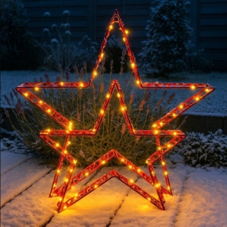 Online-Fuchs LED Dekolicht 2er Set LED Weihnachtssterne mit Folieneffekt - Outdoor geeignet, LED-Lichterkette mit Funkeleffekt, warmweiß, Leuchtsterne mit 6-Stunden Timer - Weihnachtsdeko