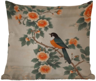 MuchoWow Dekokissen Vogel - Zweig - Blumen - Orange, Kissenbezüge, Kissenhülle, Kissen, Outdoor, 40x40 cm
