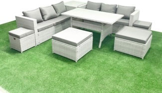 Fimous Polyrattan Gartenmöbel-Set Outdoor 10 Sitzer mit Glasplatte Esstisch und Beistelltisch Hellgrau gemischt
