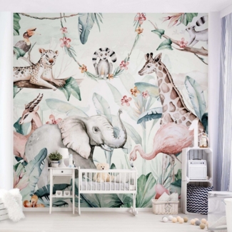 Bilderdepot24 Kindertapete Kinderzimmer Aquarell Afrika Tiere Wanddeko Giraffe Elefant Flamingo, Glatt, Matt, (Vliestapete inkl. Kleister oder selbstklebend), Mädchenzimmer Jungenzimmer Babyzimmer Bildtapete Fototapete Wandtapete