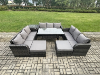 Fimous Polyrattan Gartenmöbel Set mit Rechteckiger Esstisch 2 Großer Hockern Beistelltisch Dunkelgrau gemischt
