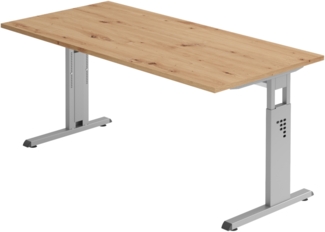 bümö höhenverstellbarer Schreibtisch O-Serie 160x80 cm in Asteiche, Gestell in Silber - PC Tisch für's Büro manuell höhenverstellbar, Computertisch verstellbar, OS-16-R-S