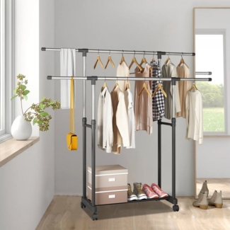 PFCTART Kleiderständer Verstellbarer Doppel-Kleiderständer auf Rollen – 2-stufig, (Mit 2 Trockenstangen – ideal für Garderobe, Waschküche & Flur), Ausziehbar, abnehmbar & abschließbar – flexibel & platzsparend