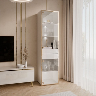 ALLHOUSE24 Vitrine PEONY Breite 45 cm Glasvitrine mit LED Beleuchtung weiß gold GLANZ Breite 45 cm