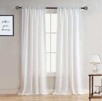 Qelus Gardine Weiß Transparenter Fenstervorhang Pompom-Vorhänge Wohnkultur (2 St), Schlafzimmer Wohnzimmer Dekor