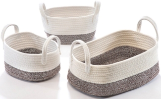 Kobolo Aufbewahrungskorb Baumwollkorb oval weiß beige mit Griffen 3er Set
