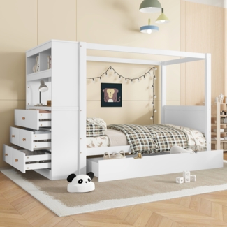Merax Kinderbett Einzelbett Holzbett Jugendbett 90x200cm mit Stauraum und Seitenschrank, Klassisches Bett mit Lattenrost, Himmelbett, Weiß