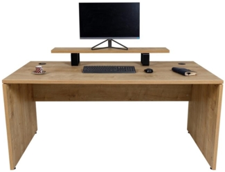 furni24 Schreibtisch fürs Arbeitszimmer und Home Office - Großer laminierter Computertisch aus Holz, 2 Kabeldurchlässe, Bodengleiter (Saphir-Eiche, inkl. Monitorständer, 180 x 80 x 75 cm)