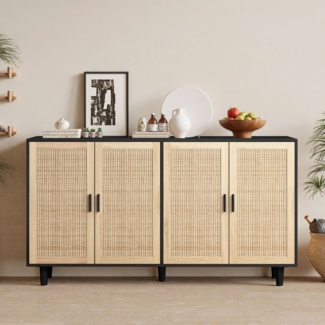 Schrank, 4-türiger Rattan Dekoschrank elegant und funktionell für Schlafzimmer Wohnzimmer Büro, Rattan, Schwarz, 158 cm