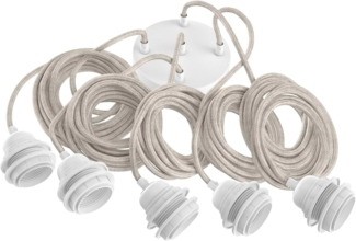HOOPZI - Pendelleuchte - Hang 5 Flammig - 3,5m Textilkabel Seil - 5 X E27 Fassung - Vintage Retro natur mit weißer Fassung