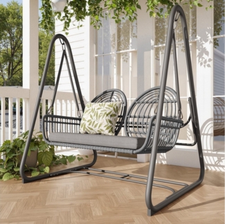 HAUSS SPOLE Stuhl Gartenschaukel mit Rückenlehne, Doppelschaukel aus PE-Rattan, Grau (Gartenschaukel 2-Sitzer aus PE-Rattan, Hollywoodschaukel mit Rückenlehne für Garten & Terrasse, Hohe Tragkraft, Bequeme Kissen, Wetterfest & Pflegeleicht, Ideal für F...