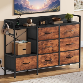 DWVO Kommode Schlafzimmer mit 7 Stoffschubladen, Kommode mit 2 Steckdosen, 2 USB-Anschlüssen und LED-Lichtleiste, TV-Schrank mit seitlichen Haken, rustikales Braun