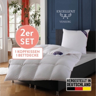 Excellent Daunenbettdecke + 3-Kammer-Kopfkissen Venedig, 2-tlg, hergestellt in Deutschland, verschiedene Größen, Füllung: Bettdecke: 90% Daunen, 10% Federn, Bezug: 100% Baumwolle, Decke mit Kissen,Set, Sommer, Winter, Bettdecke 135x200 cm, 155x220 cm