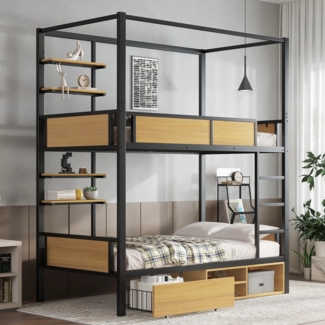 Etagenbett mit 2 Liegeflächen und Lattenrost, 90x200 cm, Kinderbett mit Regal, Schublade und Rausfallschutz, Metallbett
