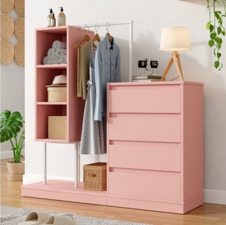 KLAM HOME Garderoben-Set Schubladenschrank, Kleiderschrank-Set, Rosa Kleiderschrank, Kippsicherung, mit Kleiderstange, offene Fächer, Rosa