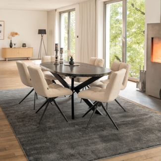 HOME DELUXE Essgruppe Oval Ausziehbar inkl. Sternfuß - 160 x 100 cm Dark Oak 6 Stühle Creme