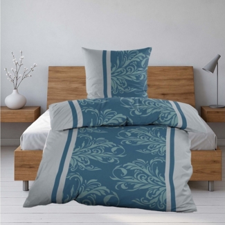 Casa Colori Bettwäsche Biber 135x200cm Petrol Silber gestreift Schnörkelmuster, Biber, 4 teilig, 100% Baumwolle