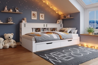 KLAM HOME Polsterbett Jugendbett,Einzelbett,Multifunktionales Kinderbett mit Schubladen (Bettgestell mit Bücherregal und Stauschrank, 1-tlg, 90/140*200 cm), Daybett für Erwachsene und Jugendliche geeignet, einfache Montage