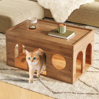 Merax Haustierfreundlicher Couchtisch mit Katzenlöchern, 80*50*40 cm, natürliches Nussbaum-Finish, Nussbaum