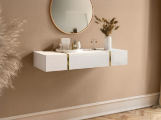 Vente-unique - Hängende Konsole mit 3 Türen - Hochglanz Weiß & Gold - MARZIALO