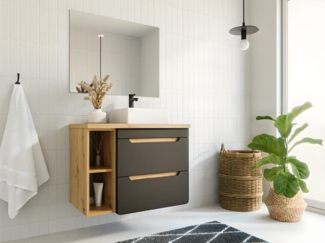 Vente-unique - Waschbeckenunterschrank hängend mit Einzelwaschbecken & Ablagen - 80 cm - Naturfarben & Anthrazit - ARUBA