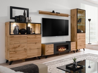 ASM-Moebel Wohnwand Wohnwand Anbauwand THIN-K LED Bio-Ethanol Kamin Push-Click, Mit Bio-Ethanol Kamin, mit Push-Click System und Led Beleuchtung.