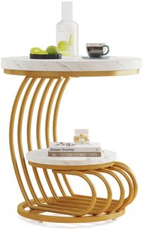 LITTLE TREE Goldfarbener runder Beistelltisch, 2-stöckiger Beistelltisch mit Ablagefach, moderner Nachttisch in Marmoroptik, Akzenttisch mit Metallgestell für Wohnzimmer und Schlafzimmer