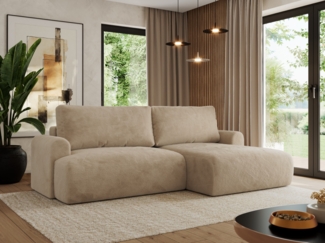 L-förmiges Ecksofa mit losen Kissen und Armlehnen für das Wohnzimmer, Ecksofa mit Schlaffunktion, Bettkästen - TONO - Beige Plüschstoff - rechte Seite