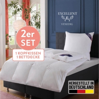 Excellent Daunenbettdecke + 3-Kammer-Kopfkissen Venedig, 2-tlg, hergestellt in Deutschland, verschiedene Größen, Füllung: Bettdecke: 90% Daunen, 10% Federn, Bezug: 100% Baumwolle, Decke mit Kissen,Set, Sommer, Winter, Bettdecke 135x200 cm, 155x220 cm