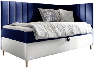 MEBLINI Kinderbett mit Bettkasten MAYA 3 90x200 Rechts – H3/Blau Samt Gepolstert Einzelbett mit Matratze - Polsterbett mit Stauraum - Bett mit Kopfteil – Stauraumbett