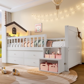 Merax Kinderbett, Einzelbett, Jugendbett, Halbhohes Bett, 90x200cm, Hausform, Fenster, 4 Schubladen, LED-Lichtleiste, Lagerleiter, ohne Matratze, Weiß