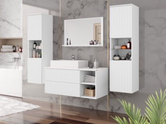 Badmöbel-Set Kormen Rillen III (Farbe: Weiß / Weiß Rillen + Marmor Bianco)
