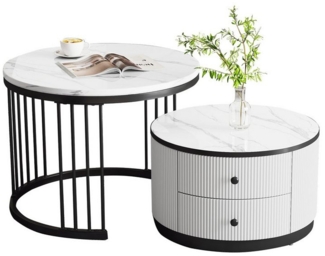 REDOM Couchtisch Couchtisch Set 2-teilig rund in Marmoroptik Weiß (Sofatisch, Wohnzimmertisch, 2-St, 60*60*45.5+50*50*32 cm(L*W*H), mit 2 Schubladen, hochglänzender Marmoroptik