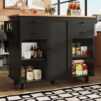 Kücheninsel 127 x 46 x 91,5 cm mit Tischplatte Holzmaserung, Schublade und Schrankfach, verstellbare Trennwände, 360°drehbare Rollen