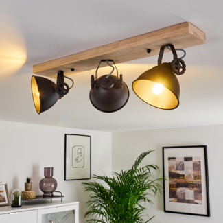 »Mot« Deckenlampe aus Metall und Holz in Schwarz/Braun, 3-flammig, mit verstellbaren Strahlern, 3 x E14-Fassung, max. 40 Watt, Retro/Vintage Design