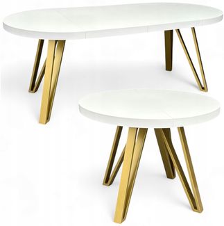 Runder Esstisch Weiß Halbmatt Ausziehbar Ø90/190 cm mit Goldenen Metallbeinen