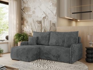 Ecksofa für das Wohnzimmer, mit losen Kissen, Schlaffunktion und Bettkästen, L-förmiges Ecksofa mit Armlehnen, Wellenfeder - ARPA - Dunkelgrau Cord - linke Seite