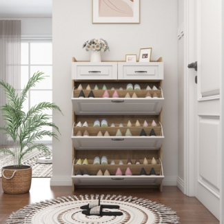 MODFU Schuhregal Moderne Schuhkommode,Holzschuhschrank,mit 2 Schubladen, Schuhkommode mit 3 drehbaren Regalen & 2 Schubladen, modernes minimalistisches Design mit Kippsicherung. 1-tlg, aus Holz, 2 Schubladen, 3 umklappbare Schuhregale, Metallgriff