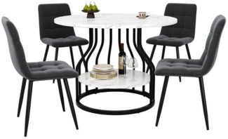 MODFU Essgruppe Stylisches Esstisch,Esszimmerstühle,Esstisch-Set, (5-teiliges Esstisch-Set – Runder 80 cm Küchentisch mit MDF-Marmorplatte, verstellbaren Metallbeinen & 4 grauen Samt-Stühlen – Modernes Esszimmer-Set für 4 Personen, 5-tlg, 80×80×76cm)