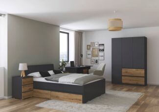 rauch Jugendzimmer-Set Komplettzimmer Schlafzimmer-Set (5-St) Jugendzimmer-Set JOEL, (Set, 5-tlg, Bett 90x200 oder 140x200 cm, Ausstattungspakete BASIC/CLASSIC/PREMIUM), Bett 2 Breiten,Nachttisch,Tisch,Rollcontainer,Schrank MADE IN GERMANY