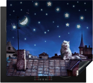 MuchoWow Herd-Abdeckplatte Blau - Katze - Nacht - Haus, Vinyl, (1 tlg), Küche Herdabdeckplatte Ceranfeld Vinyl Einteilig, 59x52 cm