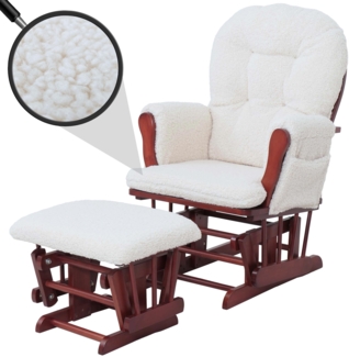 Relaxsessel HWC-C76, Schaukelstuhl Sessel Schwingstuhl + Hocker Stoff Bouclé 480g/m² Öko-Tex ~ creme Gestell dunkel