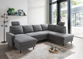 Wohnlandschaft >Pris< U-Form, Funktionen, Cord grau - 153x305x75x200 (LxBxHxT)
