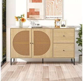 Merax Sideboard mit 2 Fächern und 2 Schubladen, Kommode mit Metallsockel und Rattantüren, Anrichte, B:130cm