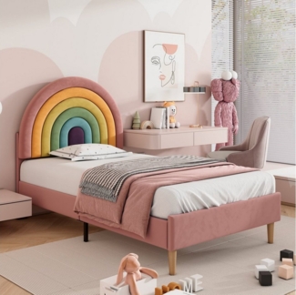 Flieks Polsterbett, Kinderbett mit verstellbarem Regenbogen-Kopfteil 90x200cm Samt