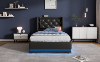 Polsterbett 90x200 cm, Schwarz PU, hydraulischer Bettkasten, 3‑seitige LED & USB‑C，Es gibt eine Matratze.