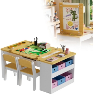 TWSOUL Kinderschreibtisch 3 in 1 kindersitzgruppe , Bringen Sie zwei Stühle mit, , Verstellbare Tischplatte, 110 * 62 * 53,4 cm