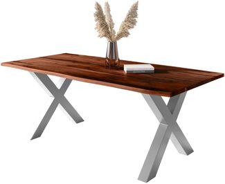 Baumkantentisch Akazie mit schwarzen Resin-Adern nussbaumfarben 240 x 100 cm X-Gestell silber POLLY 163957367