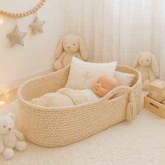 Moseskorb mit Matratze Handgehäkelter Groß Creme