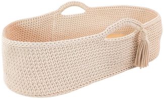 Handgehäkelter Moseskorb mit Matratze für Neugeborene – Beige